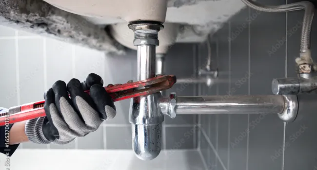 Plumber wearing gloves using a red pipe wrench to fix a chrome drain pipe under a bathroom sink.