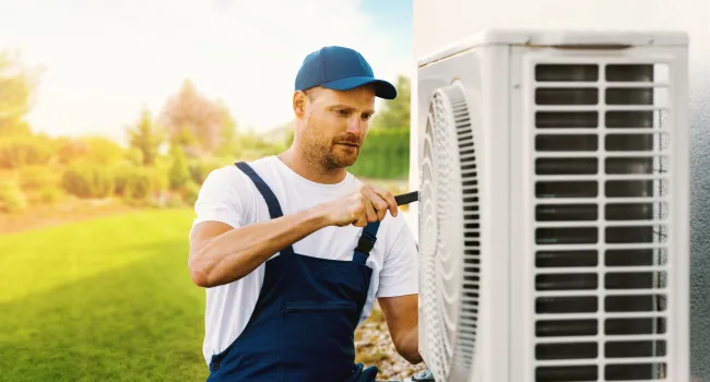 Technician in cap and overalls repairing outdoor air conditioning unit on a sunny day near a house.
