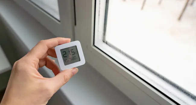 Hand holding a small digital thermostat showing indoor temperature 21.5°C near a white window frame.