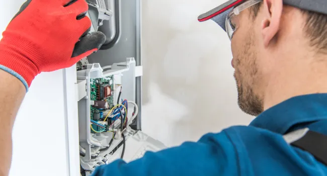 Technician wearing red gloves repairs and inspects electrical appliance circuit board closely indoors.