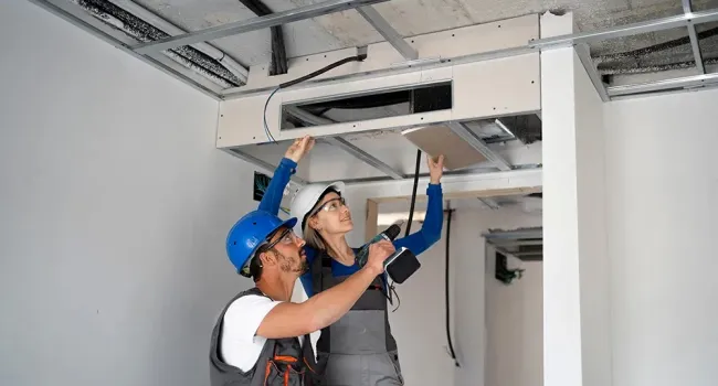 Two construction workers wearing helmets installing drywall on a ceiling framework in an unfinished room.