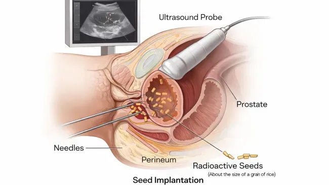 Medical illustration showing prostate seed implantation with ultrasound probe, needles, and radioactive seeds.