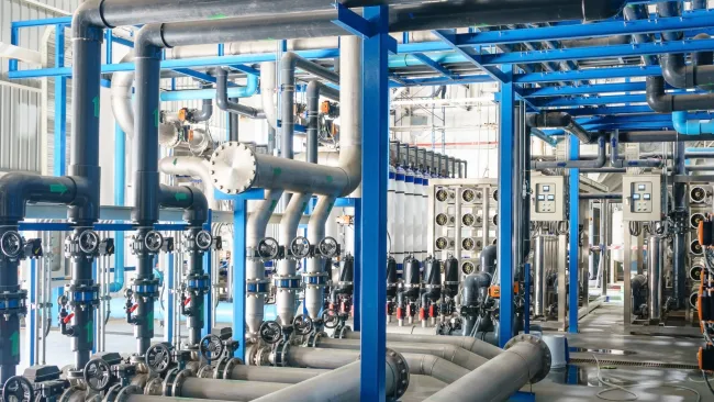 Industrial water treatment plant interior with pipes, valves, and filtration equipment under bright lighting.
