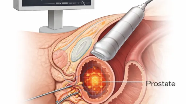 Illustration of HIFU and radioactive seed treatment targeting prostate cancer using ultrasound probe and needles.