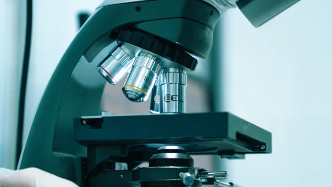Close-up of a lab microscope with gloved hands adjusting the focus in a clinical setting