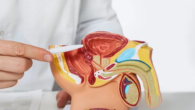 Medical model of male reproductive system showing internal organs including bladder and prostate with pointer.