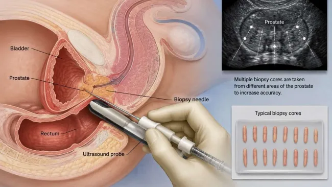 Illustration of transrectal ultrasound guided prostate biopsy with labeled anatomy and biopsy procedure.