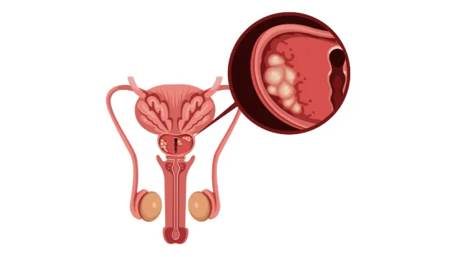 Illustration of male reproductive system with enlarged inset showing infection or cysts inside the prostate gland.