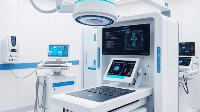 Modern medical imaging equipment with digital monitors in a clean, white hospital examination room.