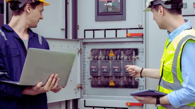 Two engineers in safety gear inspecting electrical control panels with laptop and tablet in industrial setting