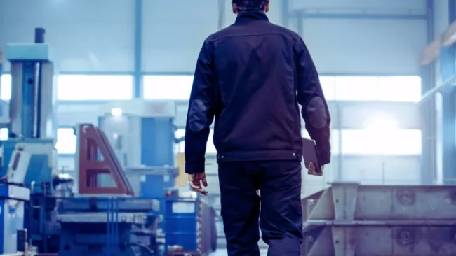 Engineer wearing a blue helmet walking inside a bright industrial manufacturing facility with machinery.