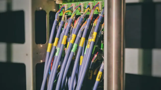 Close-up view of multiple blue network cables connected to a server rack in a data center environment