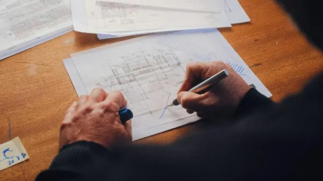 Person sketching architectural plans on paper with colored pens on a wooden desk near window.