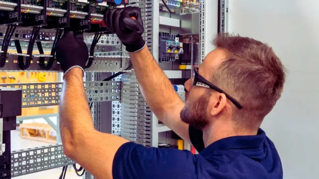 Technician wearing gloves and glasses working on electrical control panel wiring in industrial setting