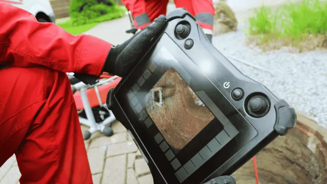 Technicians in red uniforms operate a handheld inspection device showing underground pipe condition.