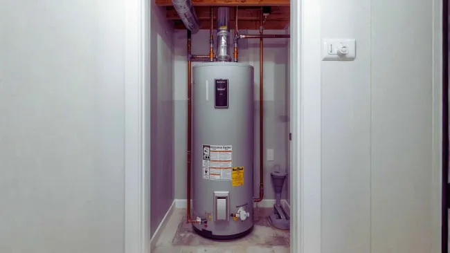 Tall gray water heater installed in a small utility closet with exposed pipes and concrete floor.