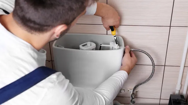 A plumber repairing a toilet tank with tools, focused on maintaining plumbing fixtures.