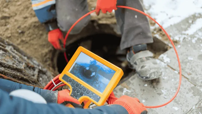 Technician using a sewer inspection camera to inspect a pipe underground at a construction site.