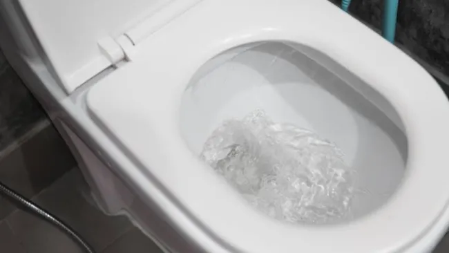 A close-up view of a toilet bowl with water swirling and flushing.