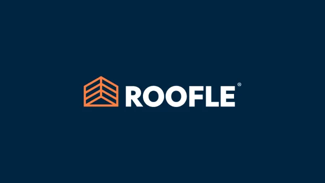Roofle logo with an orange roof icon and white text on a navy blue background.