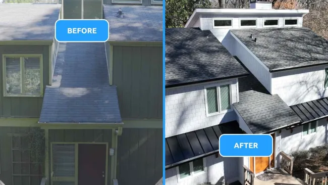 Before and after images showing a home exterior transformation with updated roof, siding, and windows.