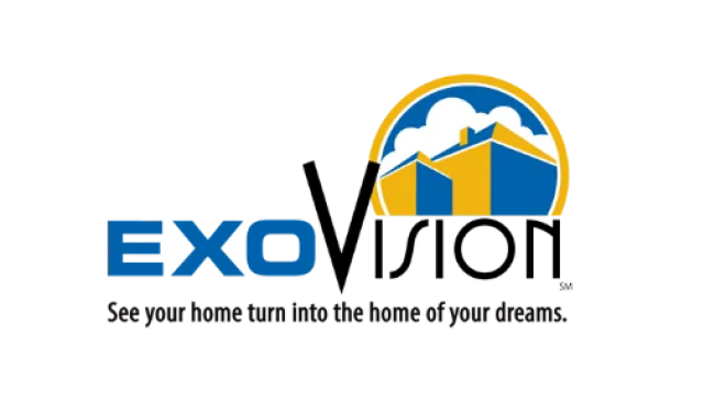 EXO Construction logo with stylized blue and yellow house under clouds and slogan about home transformation.
