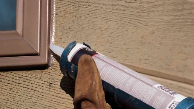 Person wearing brown suede boots applying white caulk around a window frame on beige wood siding.