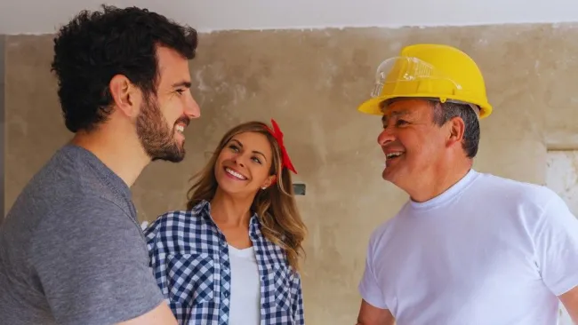 Man shaking hands with a construction worker in a yellow helmet while a woman smiles nearby at a job site.