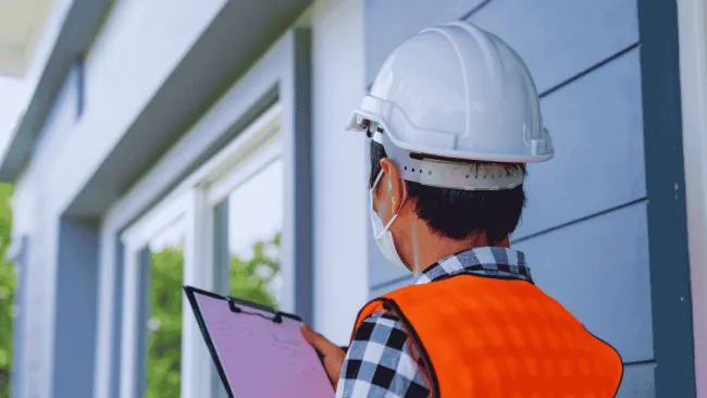 Construction worker in safety gear inspecting a building exterior with clipboard during daytime.