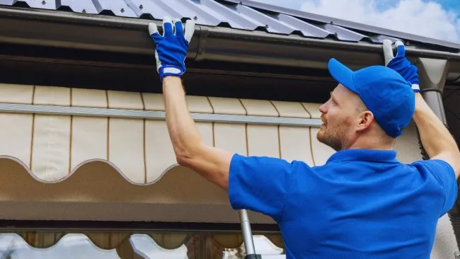 Professional worker in blue uniform installing or cleaning a metal roof gutter on a sunny day.