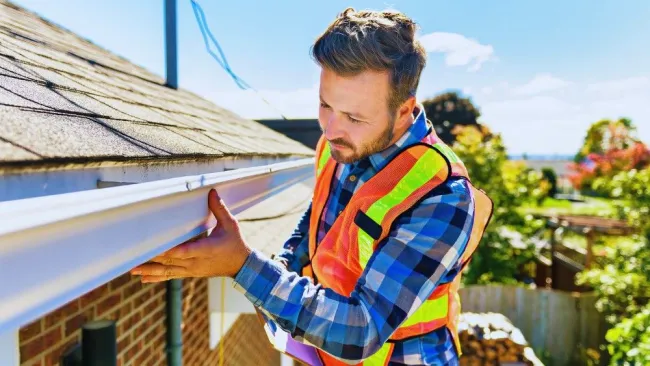 Man in safety vest installing or inspecting a rain gutter on a house roof under a clear sky.