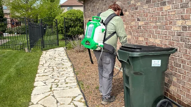 Person wearing green backpack sprayer disinfecting green outdoor trash bin beside brick house on sunny day.