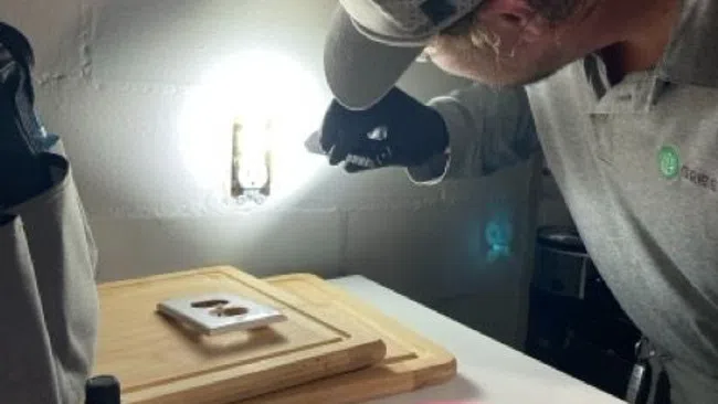 Technician inspecting an electrical outlet on a basement wall using a flashlight with tools on microwave.