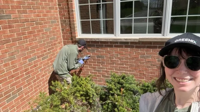 Two people performing pest control outside a brick house near shrubs on a sunny day.