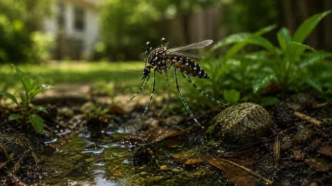 Close-up of a mosquito flying over a small water puddle in a garden with plants and blurred background.