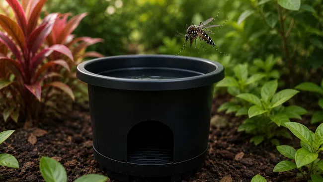Mosquito hovering over a black water container trap placed among green plants and soil outdoors.