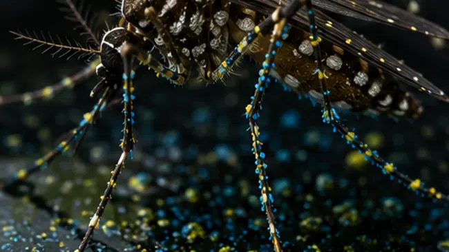 Close-up of a mosquito with blue and yellow spots trapped on a black sticky surface with colored debris.