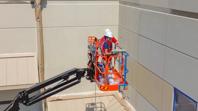 Workers in safety gear on a cherry picker installing or inspecting panels on a building exterior.