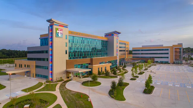 Modern hospital building with glass facade, colorful pillars, surrounding greenery, and spacious parking lot under blue sky.