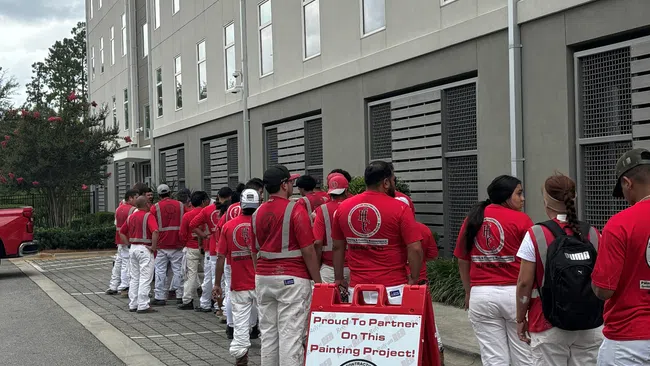 Line of painters in red shirts and white pants standing outside a building next to a painting project sign.