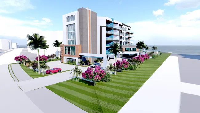 a building with a lawn and trees