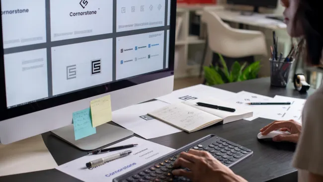 Designer working on Cornerstone logo concepts displayed on a computer screen with sketches and notes on the desk.