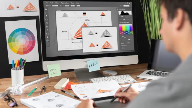 Graphic designer working on logo design using digital drawing tablet and computer with color wheel and sketches.