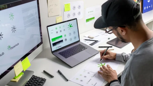 Designer sketching and reviewing logo concepts at a desk with laptop and large monitor displaying brand designs.