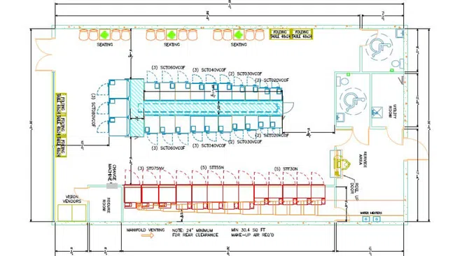 Architectural floor plan showing seating, equipment layout, and utility rooms with measurements and labels.