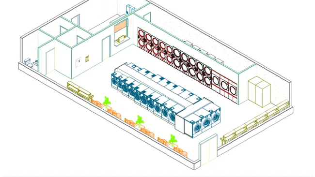 Isometric layout of a laundromat with washers, dryers, seating areas, and utility rooms in a single-floor plan.