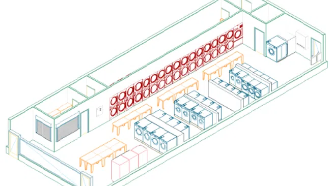 Isometric layout of a laundromat featuring multiple washers, dryers, benches, and a small waiting area