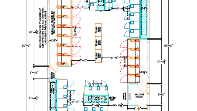 Detailed floor plan of Norfolk Station laundry layout including washing machines, dryers, folding tables, and accessible areas.