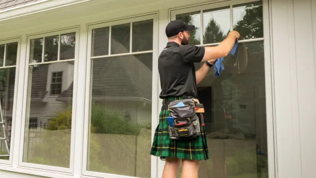 a person wearing a kilt and a hat standing outside a house