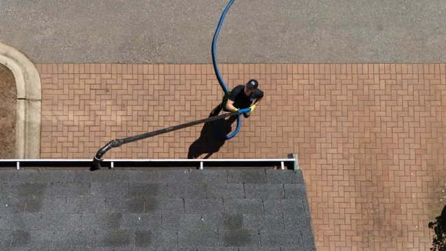 a person cleaning a gutter